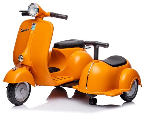 Dreirad Elektrofahrzeug 2 Sitze Kinderfahrzeug 2–4 km/h 6V Vespa Kindermotorrad Elektro-Motorrad mit Musik Bluetooth Tretfahrzeug Kinder ab 3 Jahren Orange