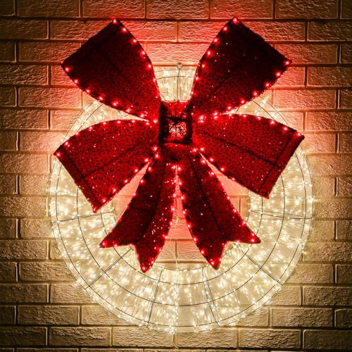 Taylor & Brown 36 Inch Pre-Lit Christmas Wreath, Indoor Outdoor Xmas Decorated Garland with 2160 Micro LED Lights, Red Bow, Hanging Hook Lighted Wreath Decorations for Front Door Holiday Home