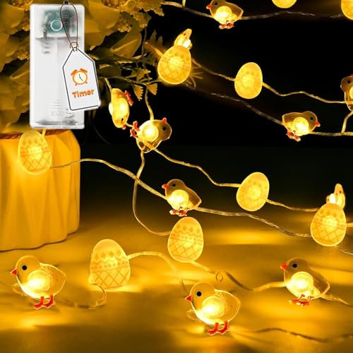 VIKY Lichterkette Ostern Batterie mit Timer, 2M 20 LED Lichterkette Batterie Küken Ei Ostern Deko, Warmweiß Osterdeko Lichterkette Außen Innen,Lichterkette LED für Tischdeko Osterkörbchen Ostern Party