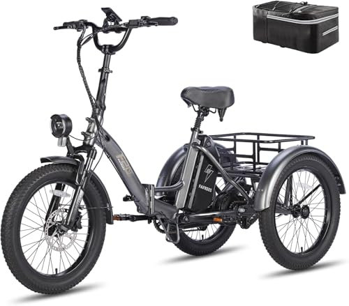 Fafrees Elektro Dreirad 20*3.0 Zoll, F20 Mate e-Bike Dreirad klapprad, Lastendreirad 48V 18.2Ah Akku, e Bike 3 Rad 65N.m (Gepäckkorb hinten-Grau)