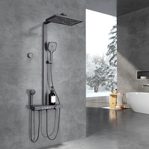 EMKE Colonne de Douche Thermostatique, Pommeau de Douche, Douche pour Enfants, Douche de Pluie Grande Taille de 360mm, 4 Sorties d'Eau, Installation Facile, Anthracite Mat, 1050x600x409 mm