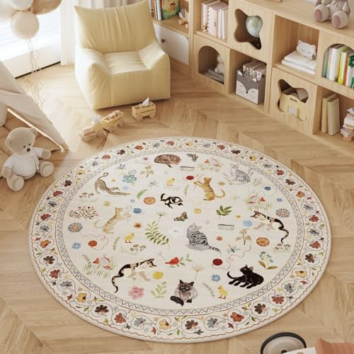Rugcomf Runder Teppich, waschbar, rund, rutschfest, niedriger Flor, Boho-Stil, Blumenmuster, Katze, kleiner runder Teppich für Schlafzimmer, Badezimmer, Eingangsbereich, Kinderzimmer, Büro