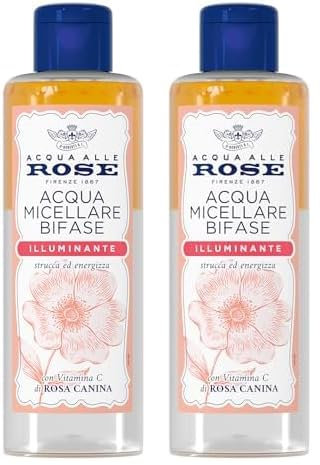 Acqua alle Rose, Acqua Micellare Bifase Illuminante per Pelli Spente o Opache, Deterge ed Energizza la pelle con Vitamina C di Rosa Canina, Efficace sul Trucco Waterproof, 200 ml (Confezione da 2)