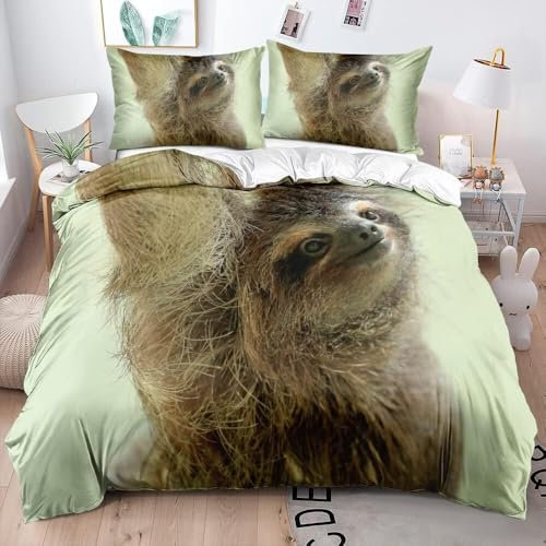 Luowei Tier Bettwäsche 155x220cm Kinder Jungen Faultier Motiv Grün Mikrofaser Bettbezug Set Weich 3D Effekt Bettwäsche 3teilig mit Reißverschluss und 2 Kissenbezug 80x80 cm