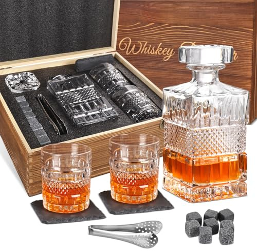 Cambareign Whiskey Decanter Set with Wooden Box, 27oz Crystal Liquor Decanter with 2 Glasses, Chilling Stones, Coasters and Tong – Whiskey Decanter Sets for Men, Husband, Dad, Boyfriend