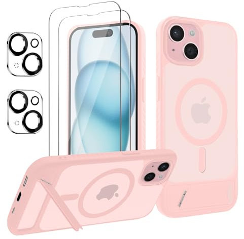 jrester Cover Magnetica per iPhone 15 con Supporto Integrato -con 2 vetri temperati e 2 vetri per fotocamera, Translucent Slim Back PC+TPU Bumper Shockproof- Rosa Opaca