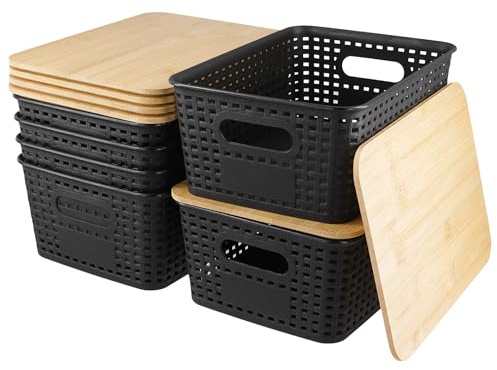 HEIYUET 6 Stück Aufbewahrungsbox mit Bambusdeckel Schwarz, 25,3x18,4x10,5cm Aufbewahrungskorb mit Bambus Deckel, Stapelbare Aufbewahrungsboxen für Bad, Küche, Schlafzimmer