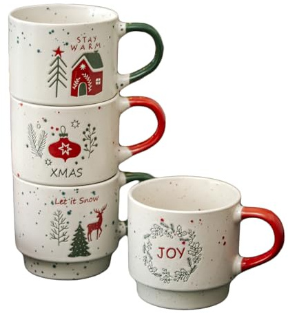 Darthome Stoneware Christmas Stacking Mugs, Set of 4, 300ml, Embossed Festive Designs, Dishwasher & Microwave Safe