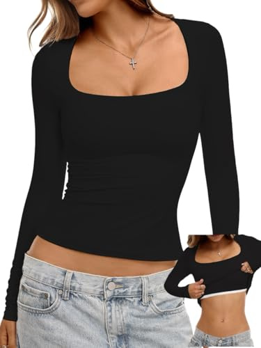 Danysu Women's Square Neck Long Sleeve Slim Fit Going Out Top Casual Shirt | Soft Double-lined Stretch Fabric, Built-in Bra, Square Neck, Slim Fit, Ideal for Dates, Parties, Clubs Daily Long T-shirt