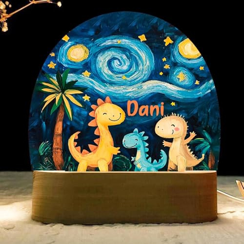 RecontraMago Personalisierte Kinderlampe – Nachtlicht mit Namen – Dinosaurier & Tierfreunde Design inspiriert von der Sternennacht – Geschenk für Jungen & Mädchen – Holzsockel Gravur möglich (2)
