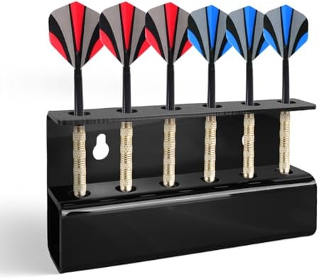 Soporte para dardos montado en la pared, soporte acrílico para 6 dardos, autoadhesivo o fijación de tornillo, accesorios ideales para el hogar, sala de juegos, bar, duradero y fácil de instalar (negro
