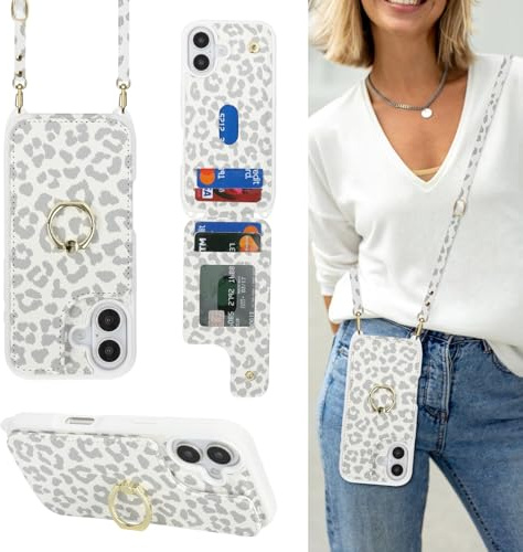 Cavor Phone Case Compatible with iPhone 17 Case With Card Holder With Strap,Flip Leather Wallet Card Case with Lanyard,Ring Kickstand Shockproof Cover Case for iPhone 17 - White Leopard