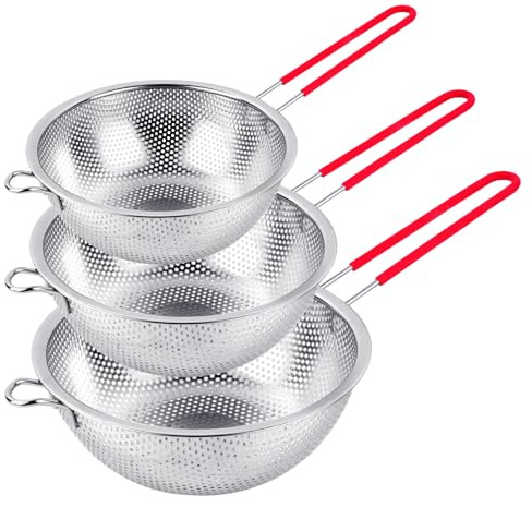 CAIYUANGUANGJIN 3Pcs Stainless Steel Colander 16.5/19.5/22.5cm, Micro-Perforated Mesh Sieve with Silicone Handle, Dishwasher Safe Kitchen Strainer for Draining Pasta Rice Vegetables Fruit