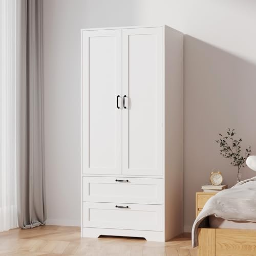 BOCVKENN Armoire Wardrobe Closet with 2 Drawers, Modern Wooden Bedroom Armoire with Doors, Clothing Storage Cabinet with Hanging Rod,for bedroom (WHITE)