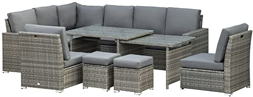Outsunny 10 Seater Rattan Dining Set with Expandable Table and Nesting Chairs, Rattan Garden Furniture Set with Cushions, Outdoor Dining Table and Chairs, Sectional Corner Sofa Set, Grey