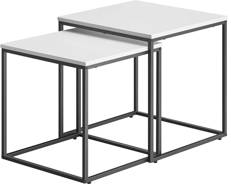 Couchtisch quadratisch 2er Set für Wohnzimmer – Beistelltische im Loft-Design, ineinander schiebbar, Sofatische aus Holzwerkstoff und Stahl, modern, platzsparend (Weiß)