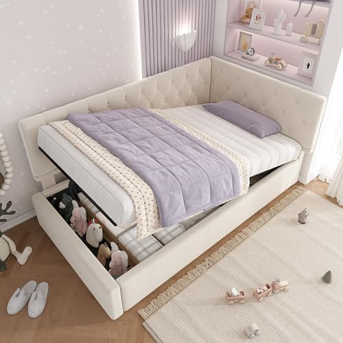 IHO SOFA Einzelbett Tagesbett Bettrahmen 90x190cm mit Hydraulik Stauraum | Schlafsofa, Stauraumbett, Jugendbett, in Samt-Optik Inkl Holz-Lattenrost & Bettgestell, Beige(Ohne Matratze)