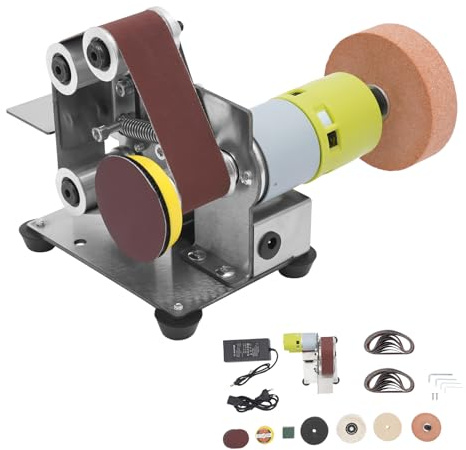 ROGONPDK Mini levigatrice a nastro, 96 W, levigatrice a nastro elettrica, 7 marce, levigatrice da tavolo, smerigliatrice da 4500 – 8000 giri/min, per acciaio inossidabile, ferro, legno, ecc