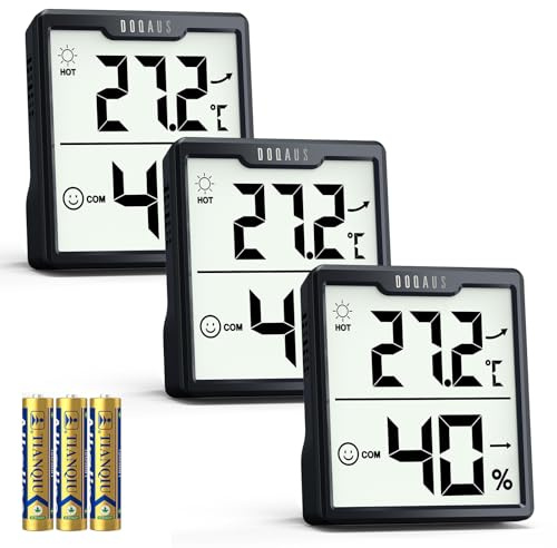 DOQAUS 3 Stück Digital Thermometer Hygrometer Innen Raumthermometer | Temperatur und Luftfeuchtigkeitsmesser, Großes LCD, Komfortanzeige, Trendanzeige, inkl. Batterien, für Raumklima, Schwarz