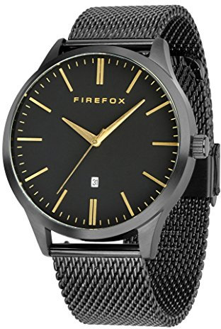 FIREFOX Herren- Armbanduhr XCHANGE analog Quarz Edelstahl Milanaise Mesh Armband Zifferblatt schwarz-Messing Datum 5 ATM wasserdicht FFPL01-001