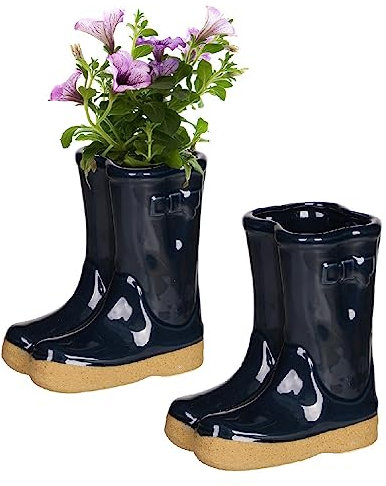 Dibor Plant Pots Set of 2 Dark Blue Ceramic Wellington Boot Plant Pot Herb Flower Planters Spring Summer Easter Gardening Gift (CR10)