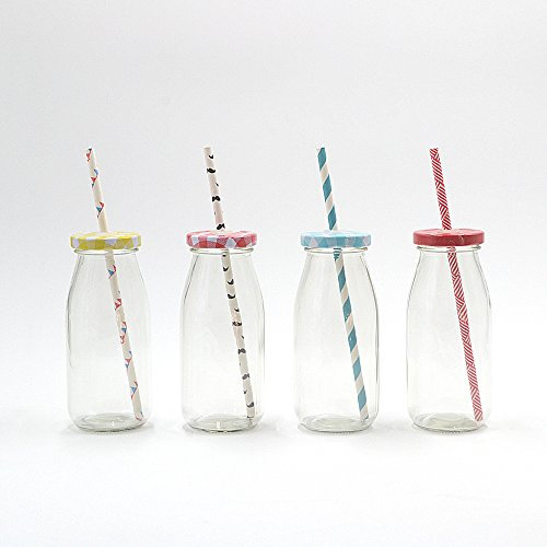 Mini-Milchglas-Flaschen mit Flaschendeckel, Strohhalm für Hochzeit, Party, Grillen, 250 ml, 8 Stück