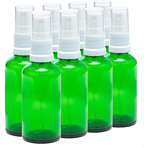 Aura 50ml Green Glass Bottles with White ATOMISER Sprays - Pack of 8