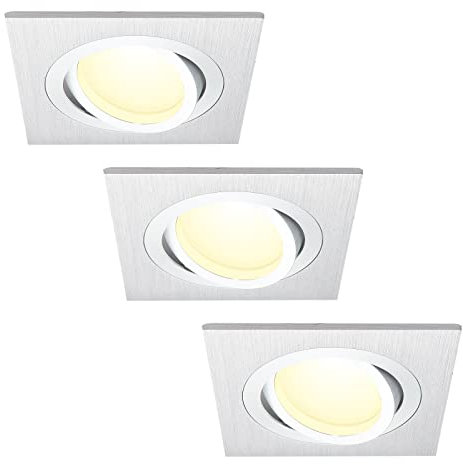 HCFEI 3er Set LED Einbaustrahler dimmbar flach Eckig, Silber gebürstet, Schwenkbar mit 5W LED Modul Warmweiß 3000K für 230V ohne Trafo, glanzpolierter Innenring