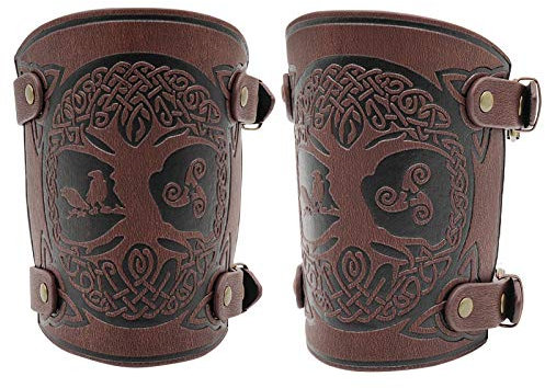 HiiFeuer Viking Yggdrasil World Tree Geprägte PU-Leder Armschienen, Mittelalterliche Schnalle Armschützer für LARP Halloween (Braun)