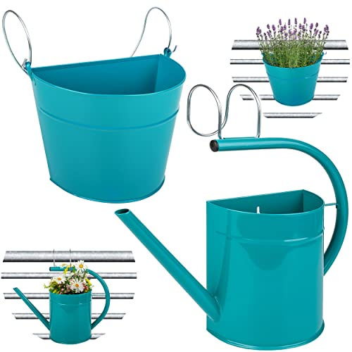 alles-meine.de GmbH 2 TLG. Set: Hänge - Töpfe Farbwahl Blumentopf/Wandvase/Hängetopf - Ø 35 cm - Metall - türkis blau/Mint - Gießkanne - HALB RUND - Hängend/mit Haken..