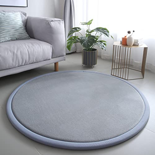 Loartee korallenrote Samtmatte Teppich Rund, als Krabbeldecke fürs Kind,2,5cm Dicker Kinderteppich,Silber grau,100cm