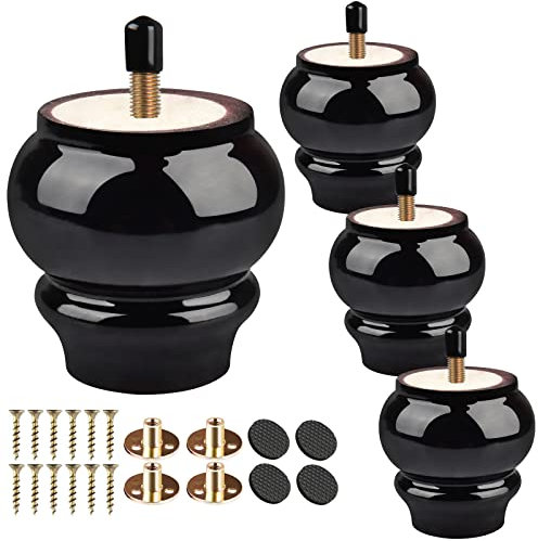 TCHOSUZ 3 inch / 8cm Wooden Furniture Legs, Pack of 4 Classic Black Solid Wood Turned DIY Replacement Bun Feet with M8 Hanger Bolts & T-Nuts for Sofa Couch Ottoman Cabinet Table Riser