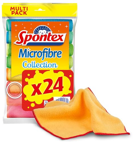 SPONTEX - Lot de 24 Chiffons Microfibre Collection - Lavettes Multi-usage - Elimine 99% des bactéries - 30x30cm