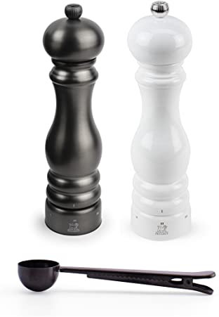 Peugeot Paris Chef Carbone u'Select Pfeffermühle aus Edelstahl, 22 cm, Carbon-Finish, mit weiß lackierter Salzmühle, mit Edelstahl-Gewürzschaufel / Beutelclip