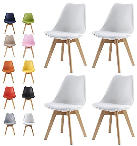 mcc direct Set of 4 Dining Chairs Wooden Legs Soft Cushion Pad Stylish DELUXE Retro Lounge Dining Office EVA (White)