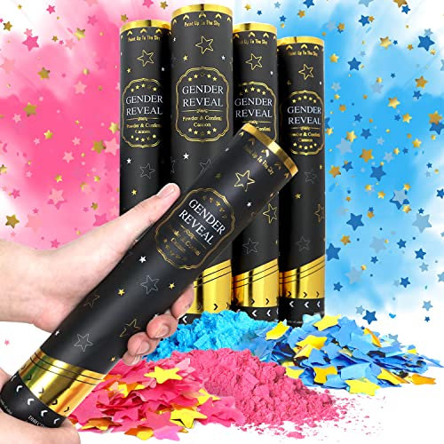 Heboland Gender Reveal Konfettikanone mit Farbpulver, 4 Stück Baby Geschlecht Verkünden Ideen Boy or Girl 2 Blau 2 Rosa 30cm Confetti Kanone Party Poppers
