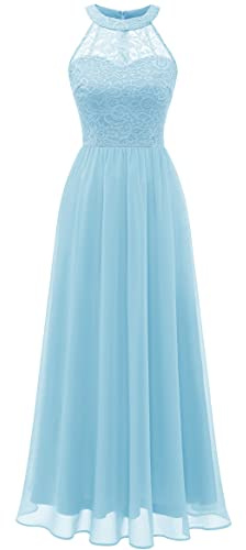 Wedtrend Abito da donna in pizzo, abito lungo in chiffon, da sera, per feste, cocktail, abito estivo, Hellblau, S