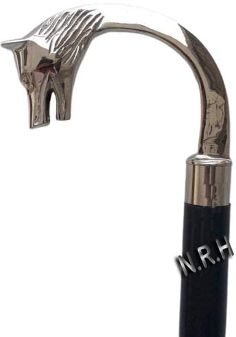Wolfskopf Gehstock aus Holz, versilbert, Vintage-Stil, Messing-Stil