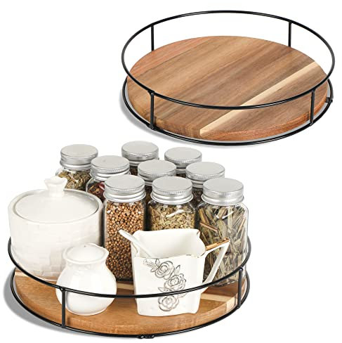 [ 2 Pack ] 11 & 12 Acacia Wood Lazy Susan Organizers with Steel Sides, Lazy Susan Turntable for Cabinet, Kitchen Turntable Storage for Table, Countertop, Pantry