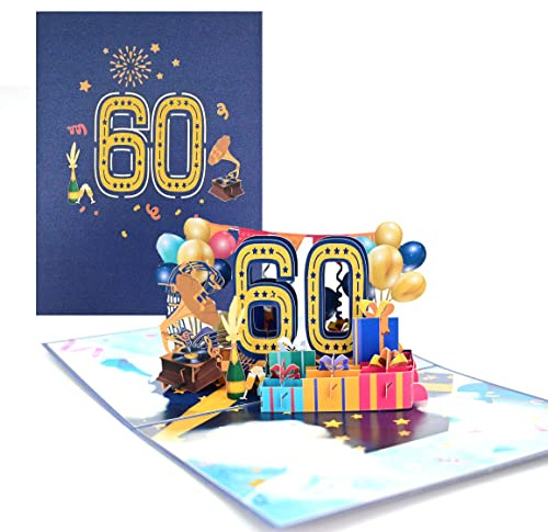 TOG BEG® 3D Pop-up Grußkarte mit Nummer 60 und Dekolationen wie Luftballon, Geschenke und ein Grammophon zum 60. Geburtstag junge oder Jubiläum, hochzeit inkl. Umschlag - pop up karte geburtstag 60