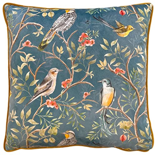 furn. Wylder Tropics Orient Cushion Cover – Velvet Chinoiserie Birds Floral Design (Slate Blue – 43 x 43 cm)
