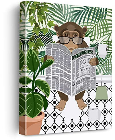 EVXID Impression sur toile pour salle de bain singe sur toilettes - Impression sur toile - Prêt à accrocher - 30,5 x 38,1 cm