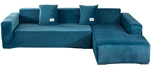 ele ELEOPTION Sofa Überzug Samt Stretch Sofabezug 2er Set 3 Sitzer Verdickung Couchbezug für L Form Sofa Ecksofa inkl. 4 Stücke Kissenbezug (pur Blau)