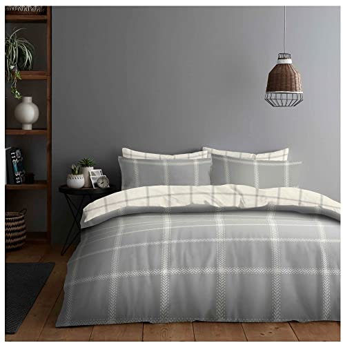 Lions 4 Piece Checked Bedding – King Size Duvet Cover Set with 1x Fitted Sheet and Matching 2x Pillowcase, Soft Poly Cotton Grey Silver Bed Linen, Reversible Quilt Covers Sets