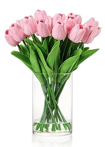 rubystory Künstliche Tulpen in Vase, künstliche Tulpen mit Vase und künstlichem Wasser, für Heimdekoration, Esstisch, Rosa, 20 Stück