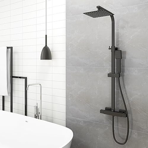 Biubiubath - Sistema de columna de ducha termostática con mezclador termostático, ducha de mano cuadrada y ducha con cabezal, columna de ducha ajustable en altura, mueble de baño (cuadrado 1)