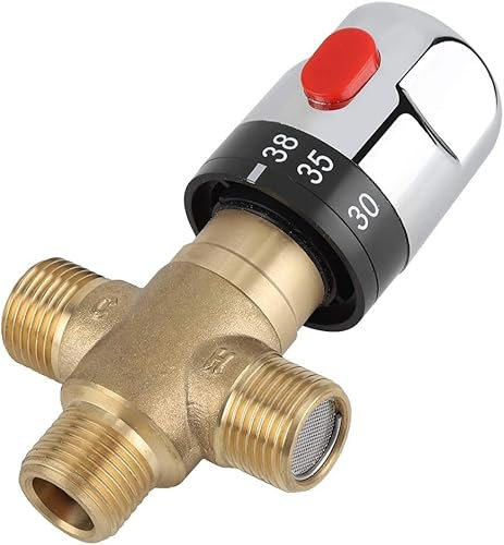 BuyWeek Thermostat-Mischventil, 3 Wege Solid Messing Thermostatmischer, G1/2 Zoll Wassertemperaturregelventil für Duschsystem Badezimmer (Golden)