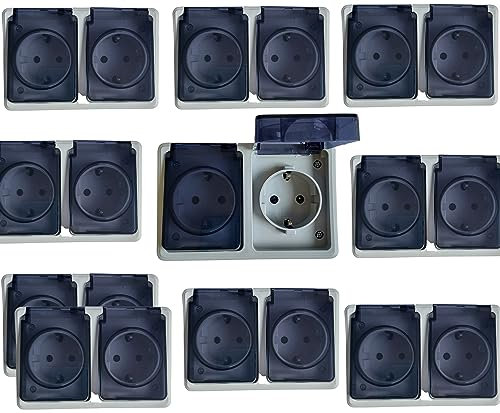 BURI 10 Stück 2 Fach Steckdose Aufputz für Feuchtraum mit Klapp-Deckel Doppelsteckdose - Schutzkontakt-Steckdose 16 A / 230 V / IP44 - Feuchtraumsteckdose Aufputz-Steckdose Grau horizontal