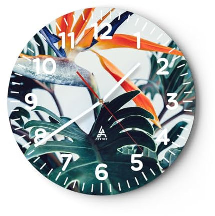 Modern Wanduhr Pflanzen Boho Exotisch 40x40cm Rund Groß Wand Uhr Glas Analog Zimmeruhren Küche Büro Wohnzimmer Glasuhr Wall Clock Dekoration Design Wanddekoration Küchenuhr C4AR40x40-5286
