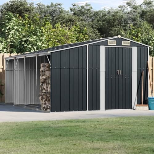 Homgoday Gerätehaus mit Stauraum Geräteschuppen Metallhaus Garten Schuppen Gartenhaus Metallschuppen Gartenschrank mit Satteldach und Lüftungsgittern Anthrazit 277x365,5x179 cm